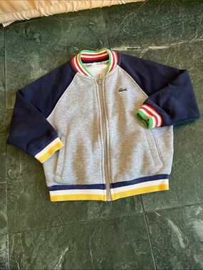 Lacoste Grey and Navy Zip-Up Kids Jacket with Multicolor Trim